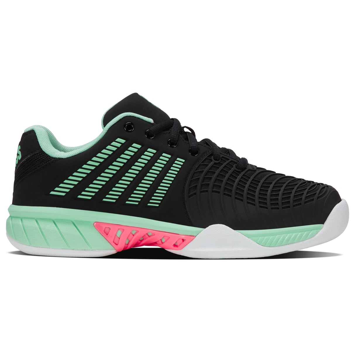 K-Swiss Express Light 3 Carpet Court Tennis Shoe (Ladies) - Black/Neon Mint/Neon Pastel Pink