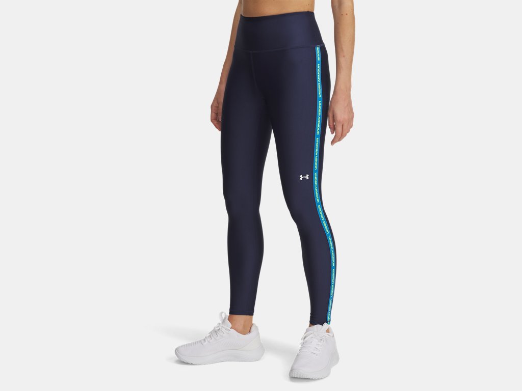 Under Armour Tech Wordmark Tape Leggings (Ladies) - Washed Navy / High Viz Yellow / White