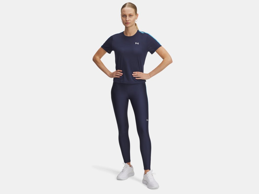 Under Armour Tech Wordmark Tape Leggings (Ladies) - Washed Navy / High Viz Yellow / White