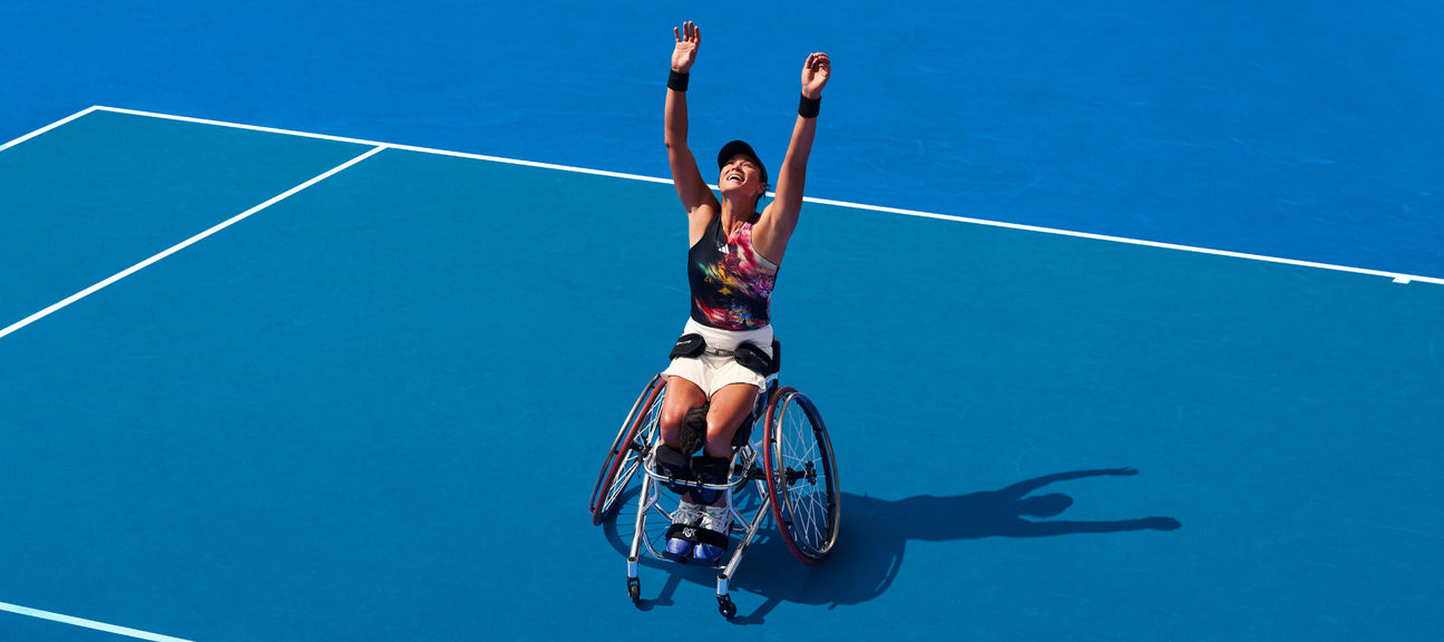 Woman in wheelchair modelling the new 2023 Adidas Australian open women's tennis clothing