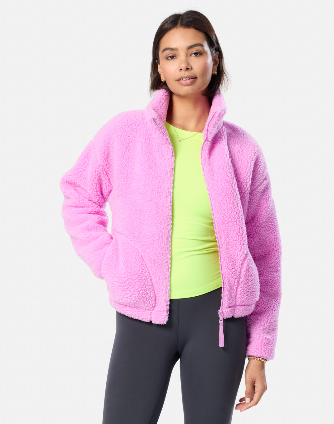 Gym+Coffee Industry Fleece High Collar Jacket (Ladies) - Neon Pink
